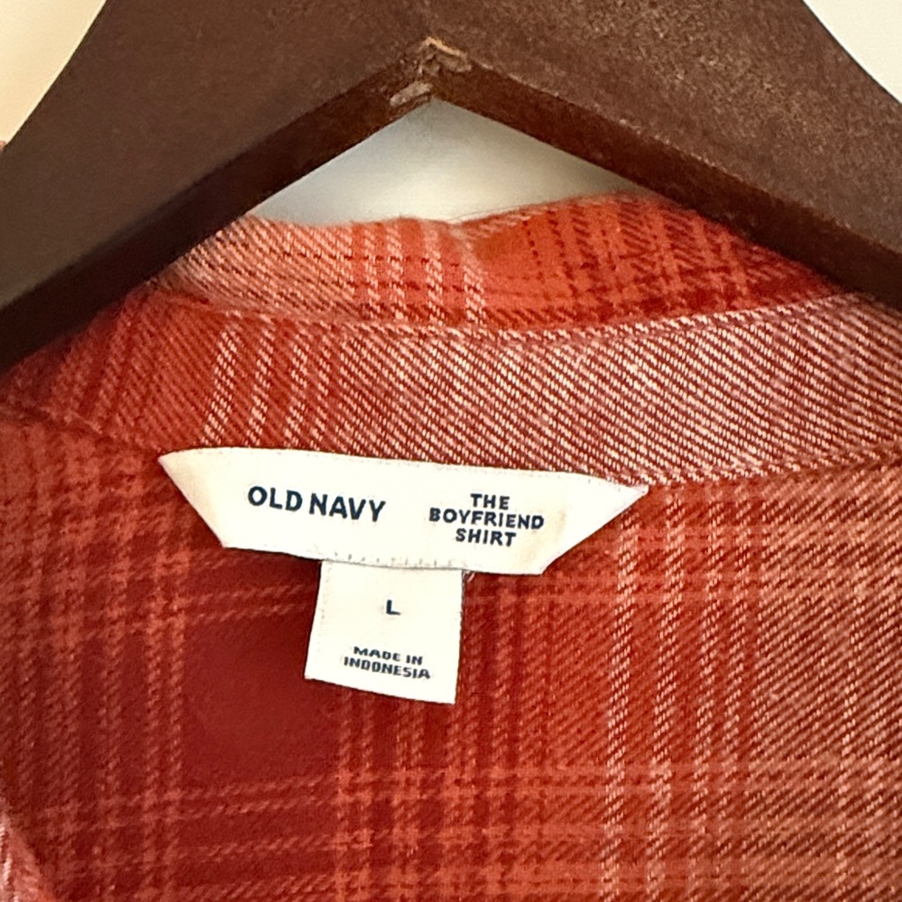 Old Navy Women’s Orange & Pink Plaid Flannel Boyfriend Button-Up Shirt Sz L EUC - Picture 2 of 5